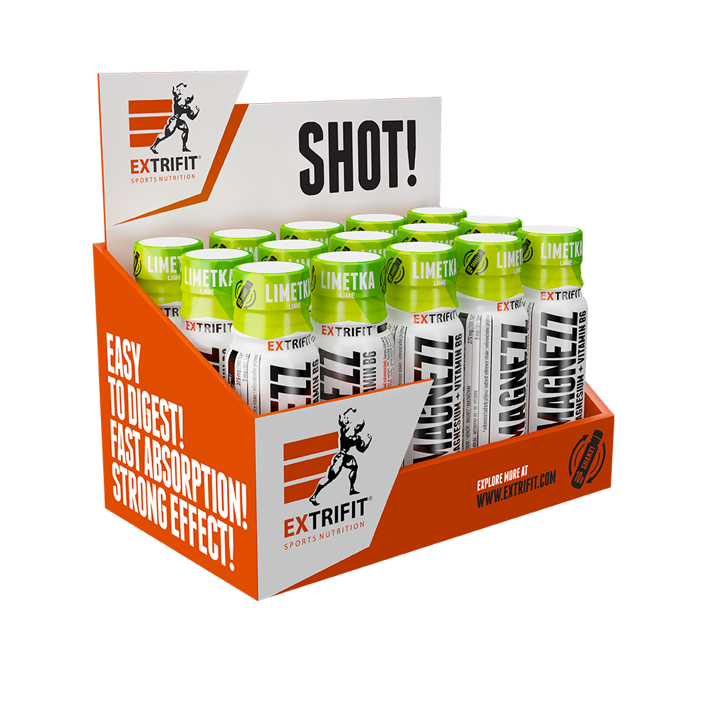 Extrifit SHOT MAGNEZZ liquid magnesium vitamin supplement in a 15-pack of 90 ml bottles, ideal for sports nutrition.