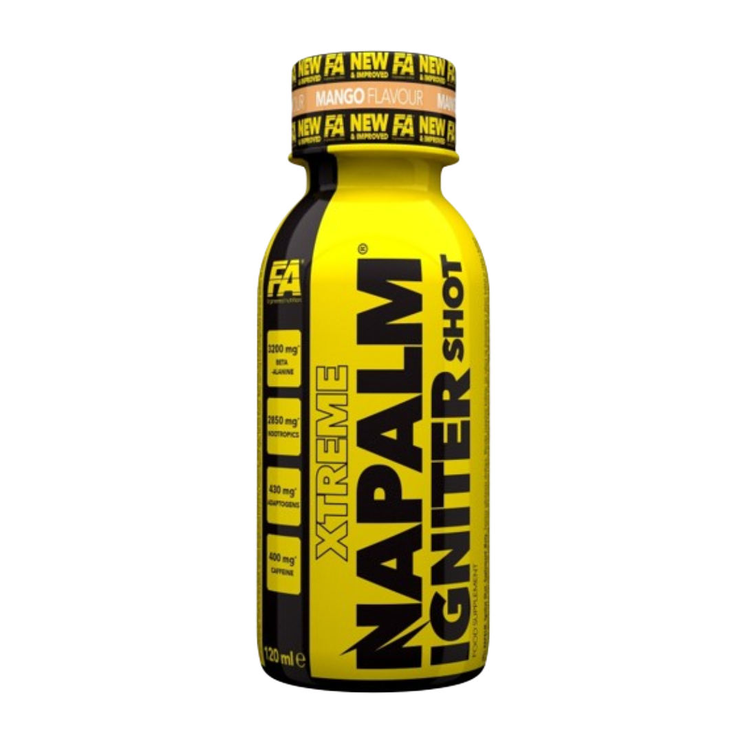 Fitness Authority NAPALM® Igniter Shot 120 ml, azoto oksido skatintojas, prieš treniruotę, energijos stipriklis, sporto papildas.
