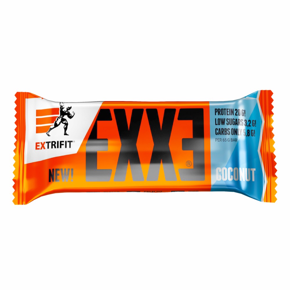 Extrifit Exxe Iso Protein Bar 31% coconut flavor, 65g batonėliai, high-protein sport nutrition snack with coconut pieces