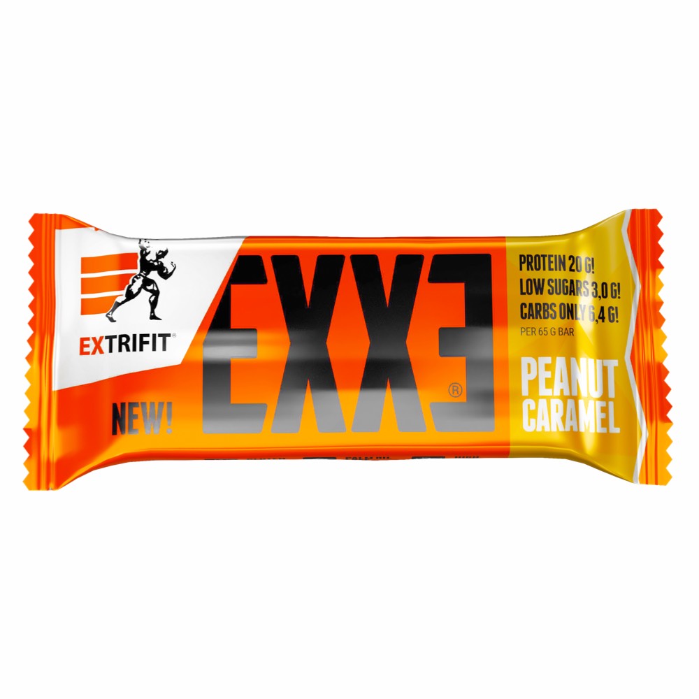 Extrifit Exxe Iso Protein Bar 31% peanut caramel flavor, 65g, showing the energy bar with peanut and caramel coating