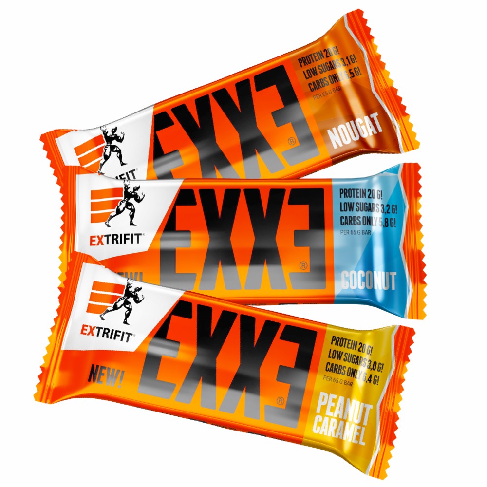 Extrifit Exxe Iso Protein Bar 31% in a 65g package, showing the chocolate-coated snack with branding and nutritional label.