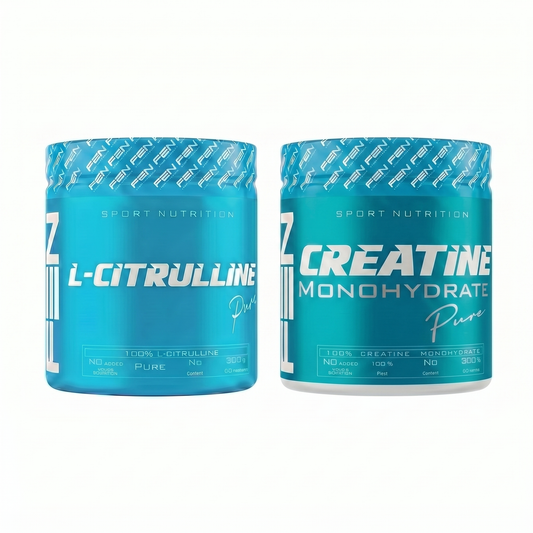 FEN Sport Nutrition L-Citrulinas ir Kreatino monohidratas, sporto papildas, 300 g kiekvieno, energijos ir raumenų stiprinimui.